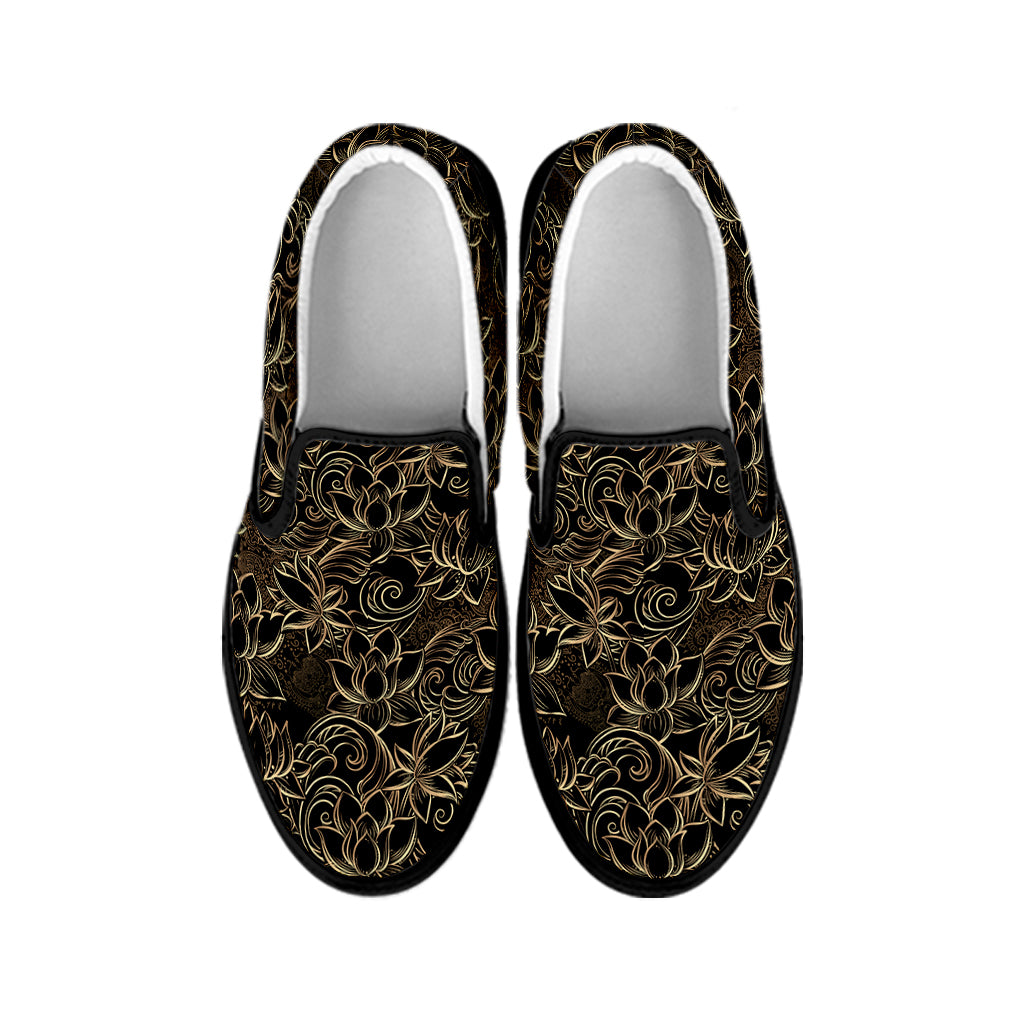 Black And Gold Lotus Pattern Print Black Slip On Shoes