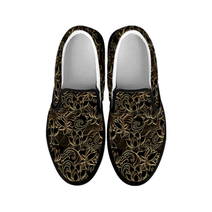 Black And Gold Lotus Pattern Print Black Slip On Shoes