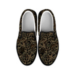 Black And Gold Lotus Pattern Print Black Slip On Shoes