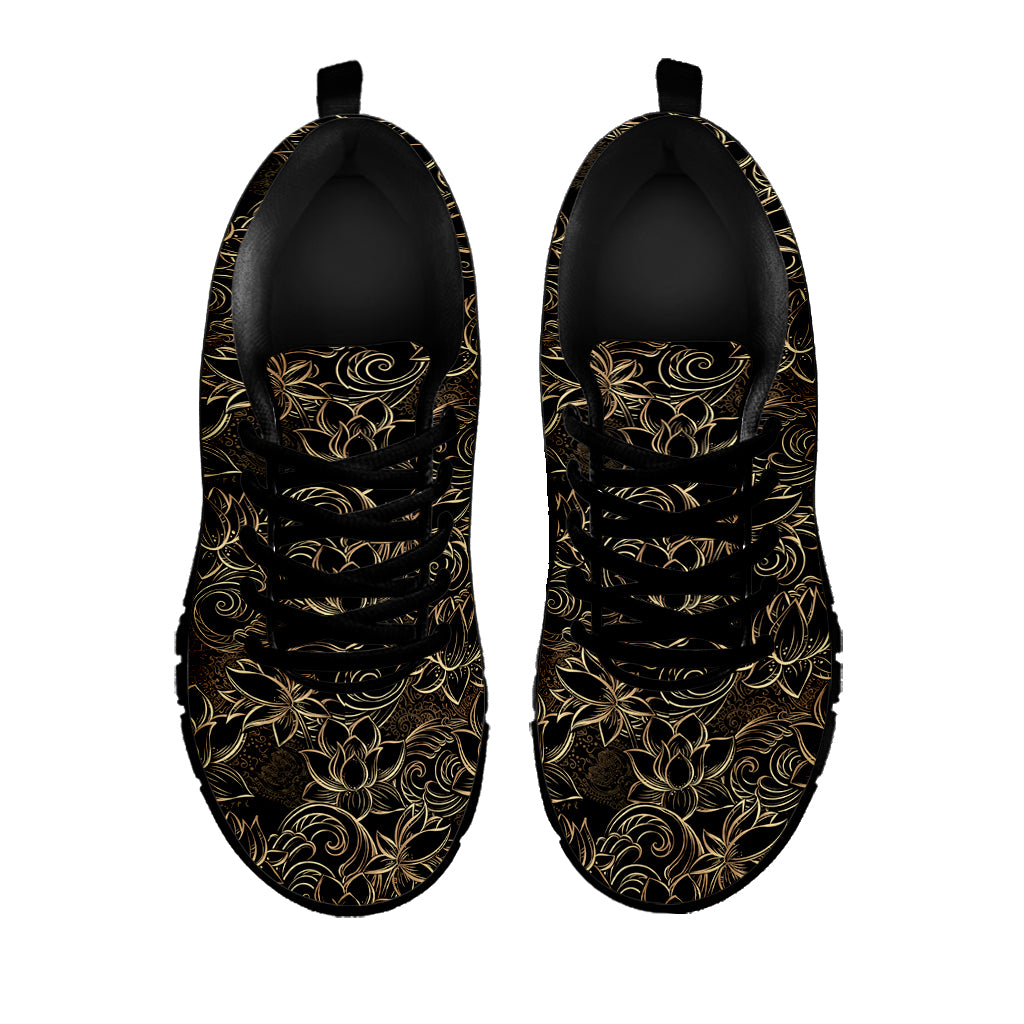 Black And Gold Lotus Pattern Print Black Sneakers