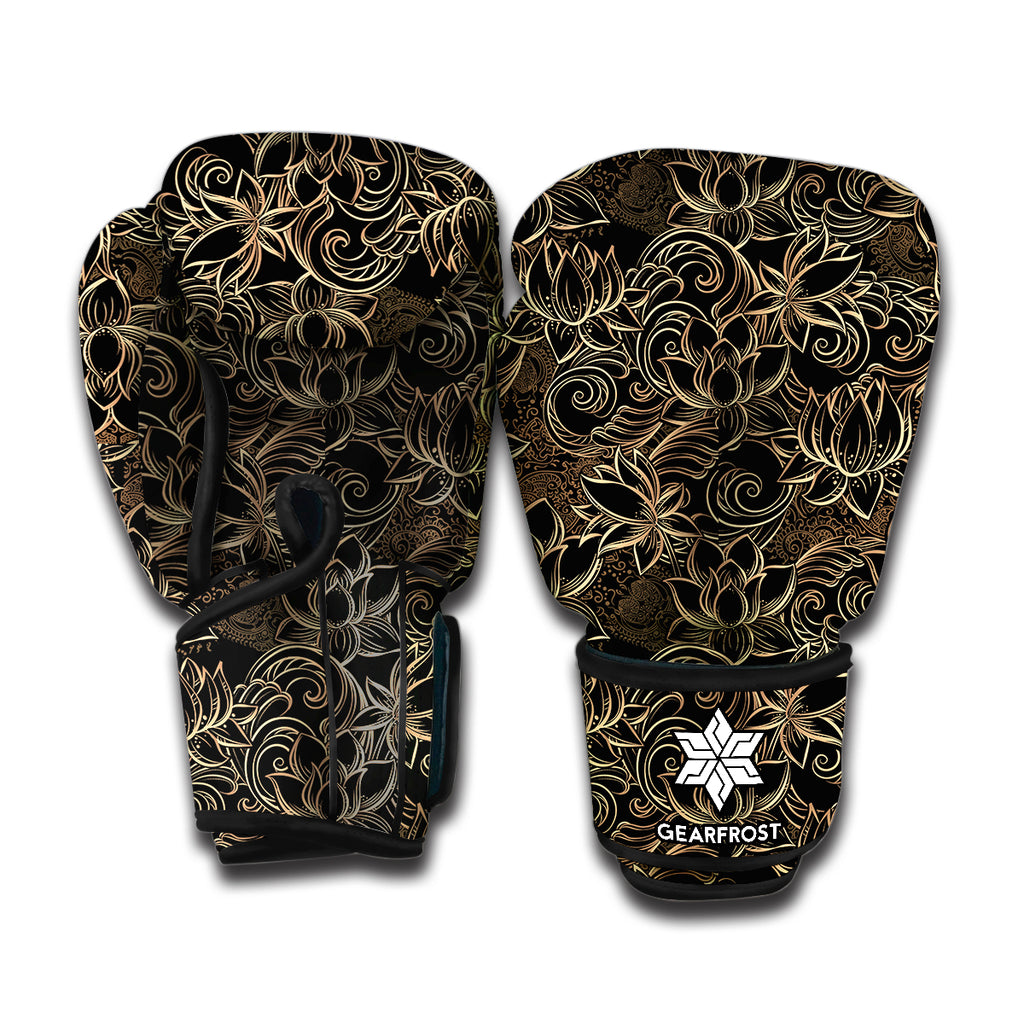 Black And Gold Lotus Pattern Print Boxing Gloves