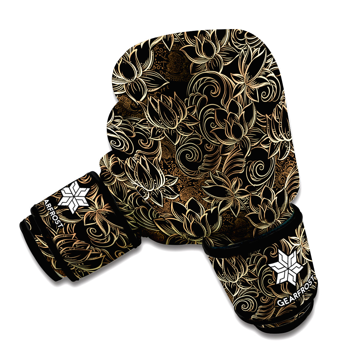 Black And Gold Lotus Pattern Print Boxing Gloves