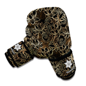 Black And Gold Lotus Pattern Print Boxing Gloves