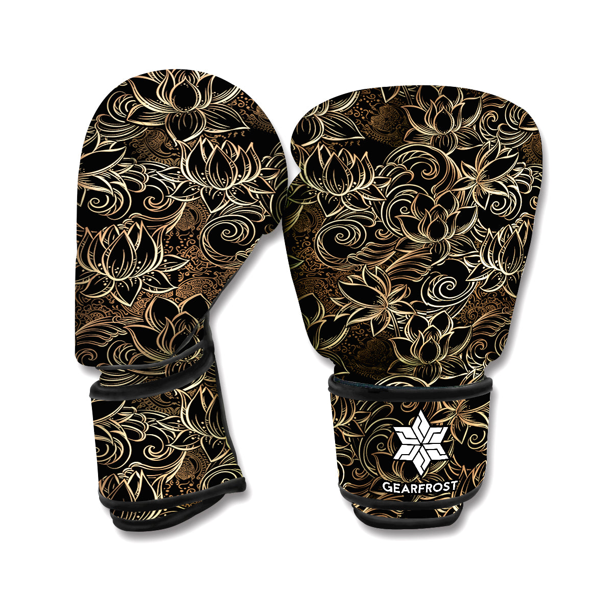 Black And Gold Lotus Pattern Print Boxing Gloves