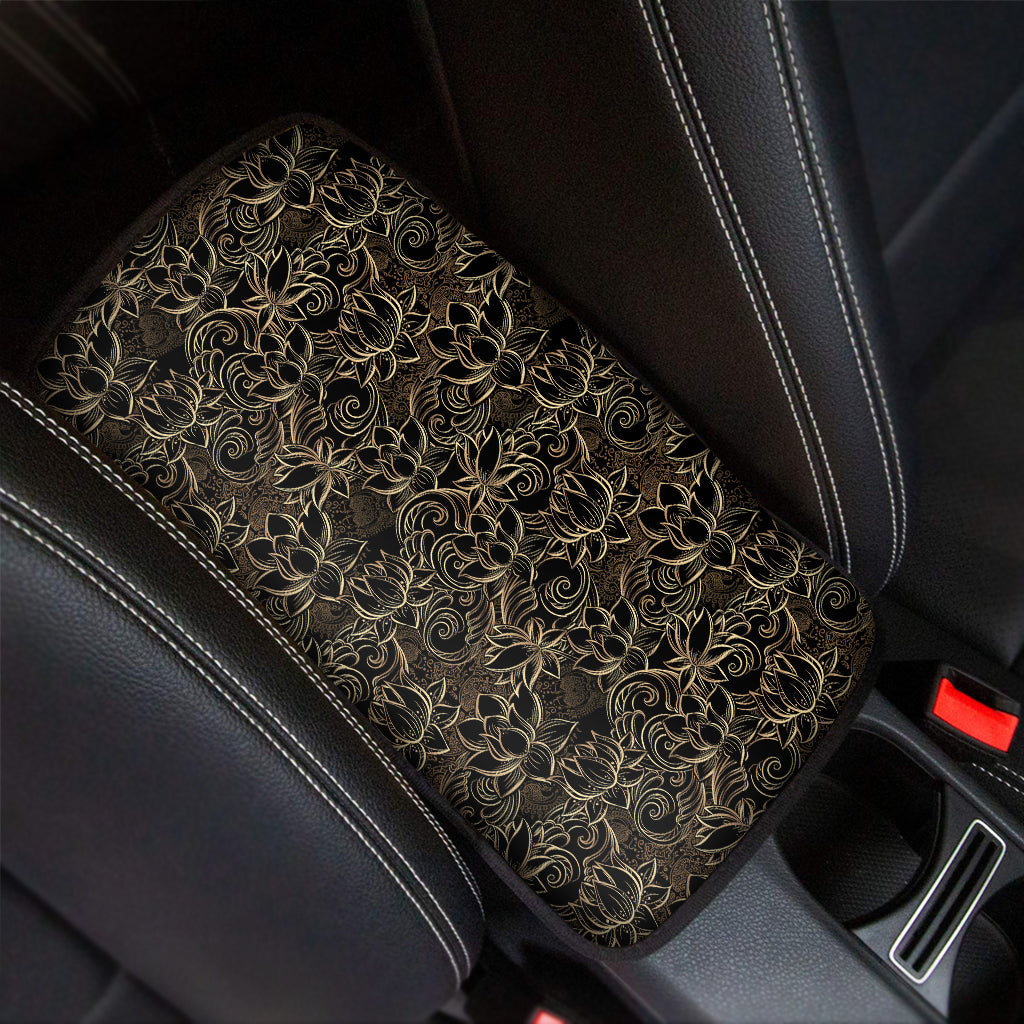 Black And Gold Lotus Pattern Print Car Center Console Cover