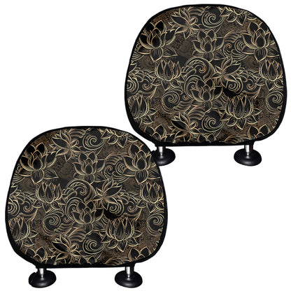 Black And Gold Lotus Pattern Print Car Headrest Covers