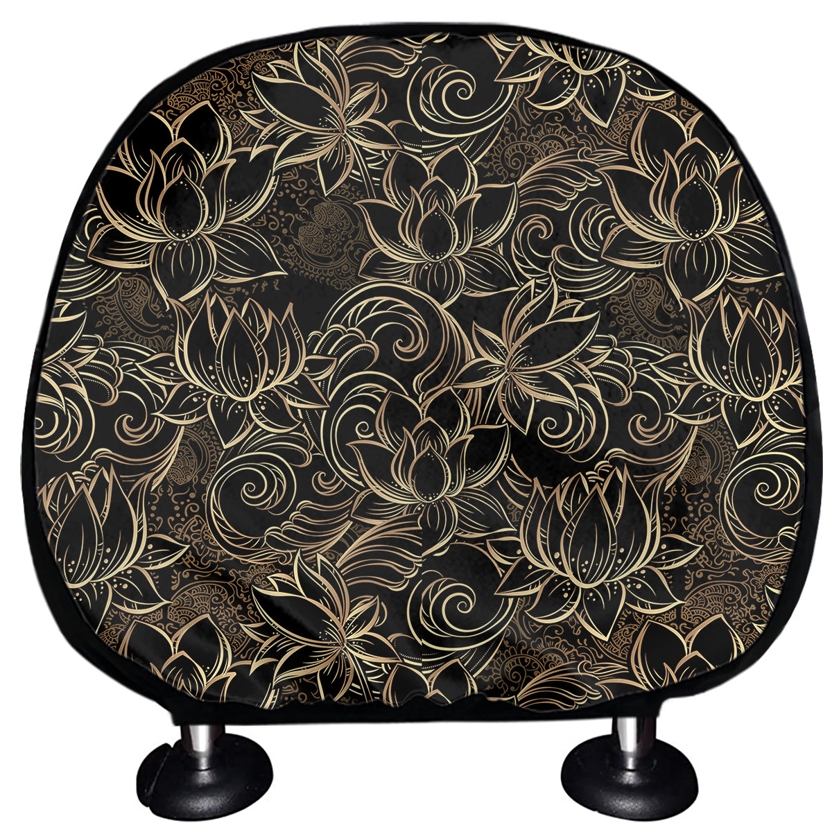 Black And Gold Lotus Pattern Print Car Headrest Covers