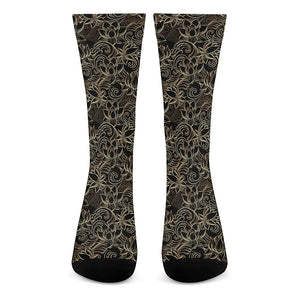 Black And Gold Lotus Pattern Print Crew Socks