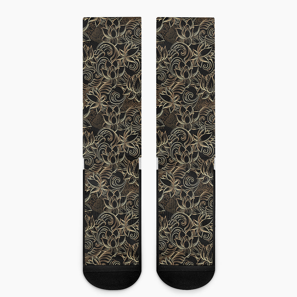 Black And Gold Lotus Pattern Print Crew Socks