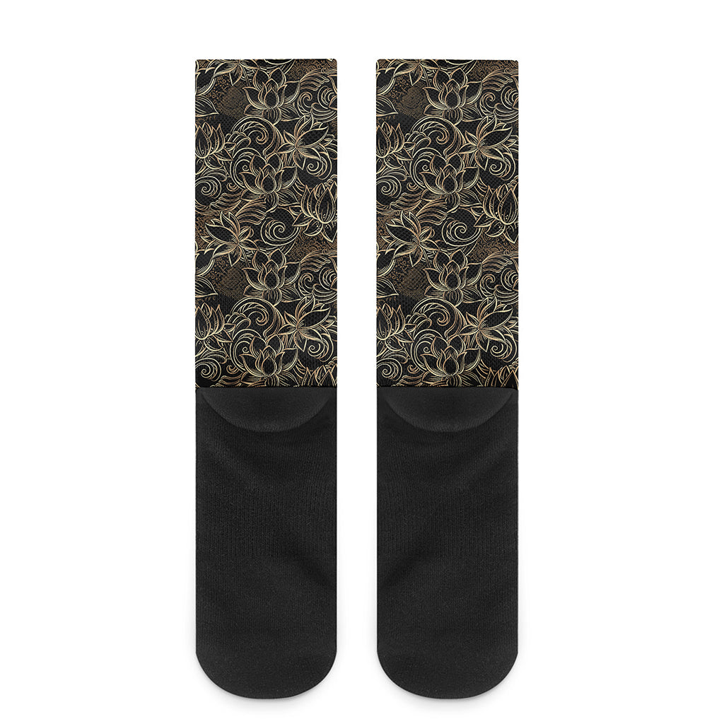 Black And Gold Lotus Pattern Print Crew Socks