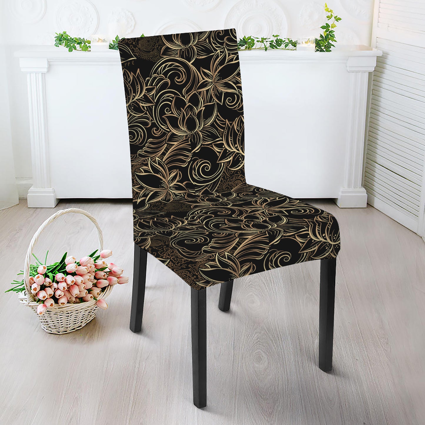 Black And Gold Lotus Pattern Print Dining Chair Slipcover