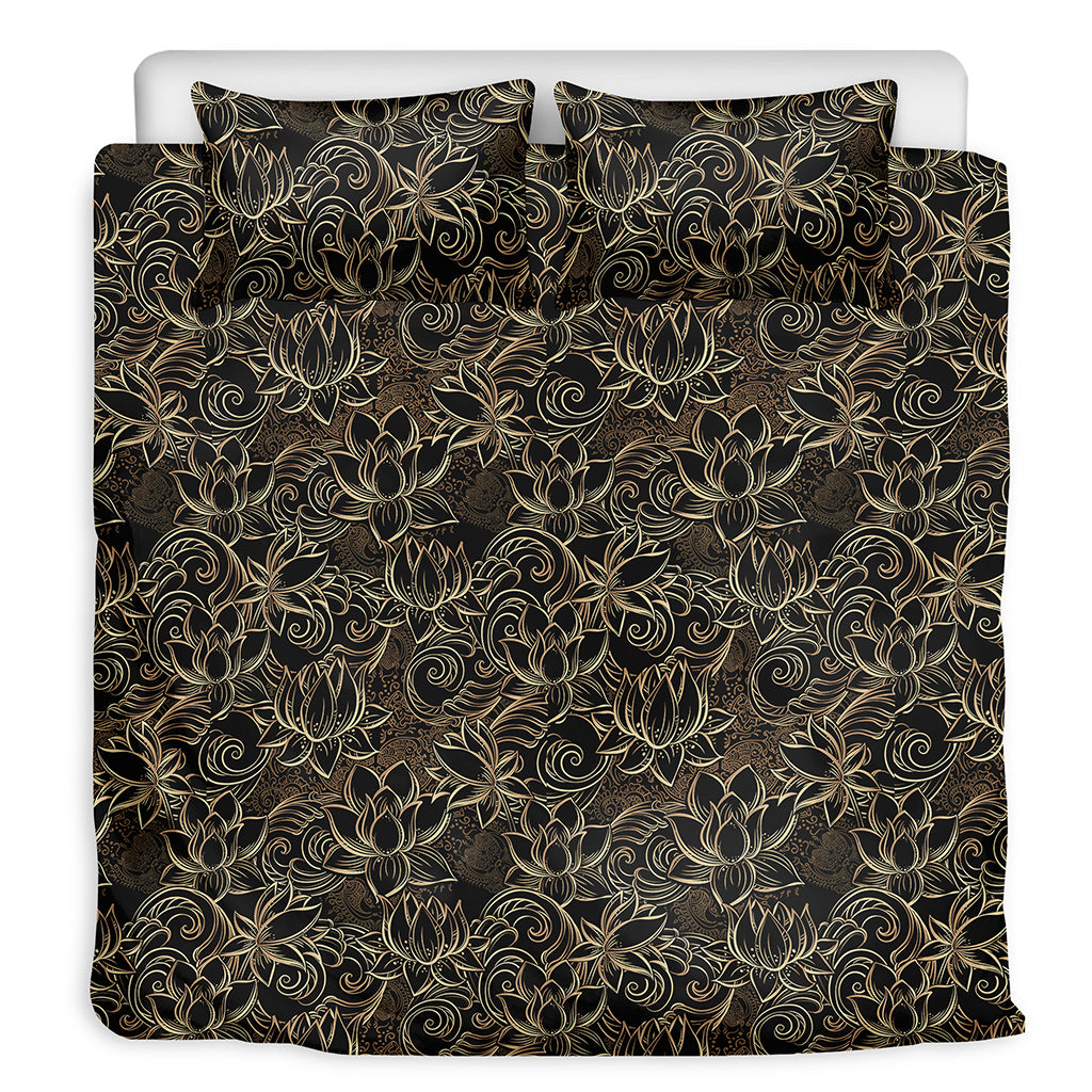 Black And Gold Lotus Pattern Print Duvet Cover Bedding Set