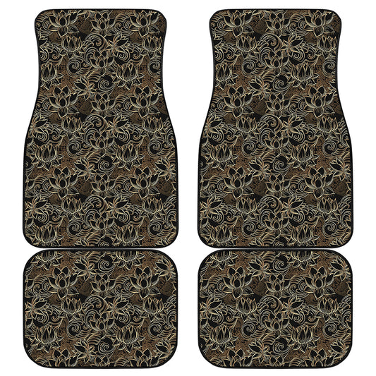 Black And Gold Lotus Pattern Print Front and Back Car Floor Mats