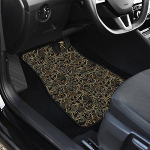 Black And Gold Lotus Pattern Print Front and Back Car Floor Mats
