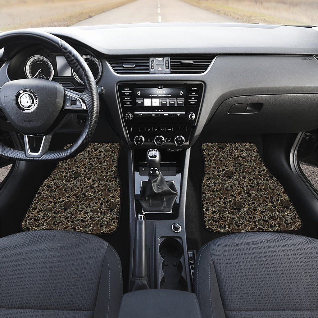 Black And Gold Lotus Pattern Print Front Car Floor Mats