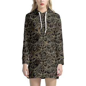 Black And Gold Lotus Pattern Print Hoodie Dress