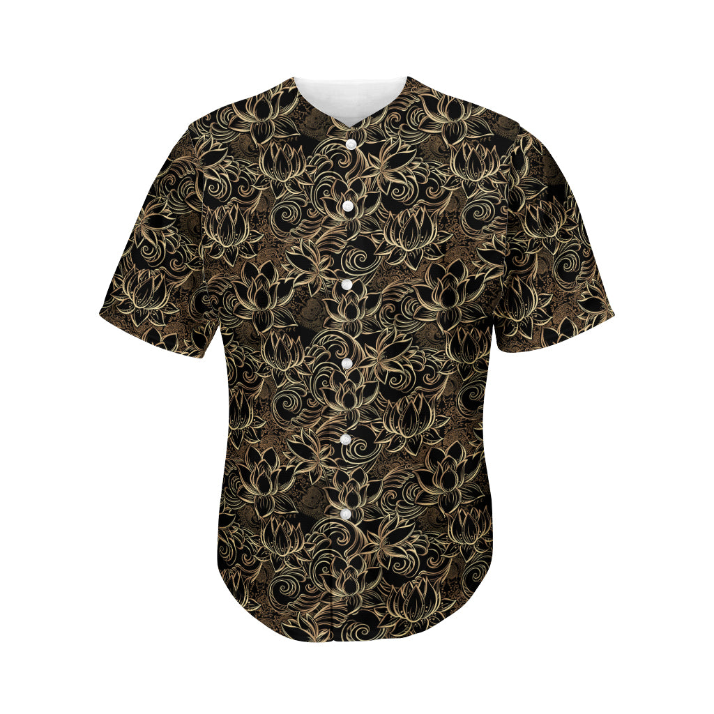 Black And Gold Lotus Pattern Print Men's Baseball Jersey