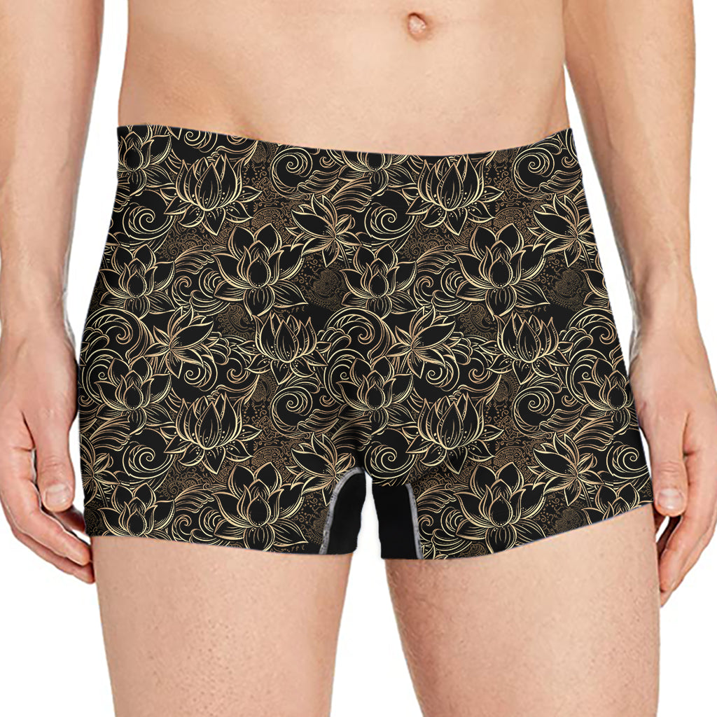 Black And Gold Lotus Pattern Print Men's Boxer Briefs