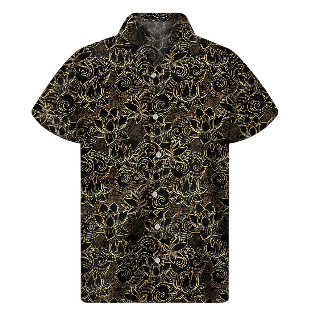 Black And Gold Lotus Pattern Print Men's Short Sleeve Shirt