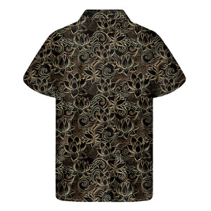 Black And Gold Lotus Pattern Print Men's Short Sleeve Shirt