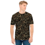 Black And Gold Lotus Pattern Print Men's T-Shirt