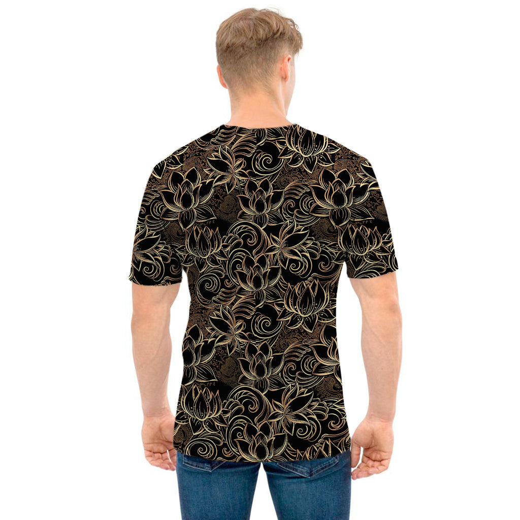 Black And Gold Lotus Pattern Print Men's T-Shirt