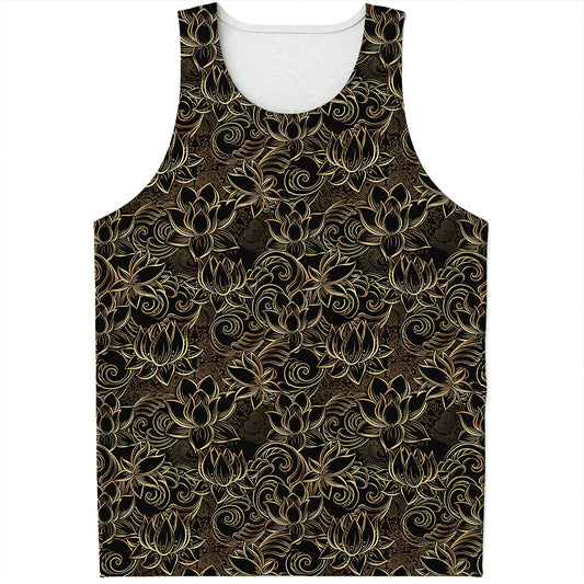 Black And Gold Lotus Pattern Print Men's Tank Top
