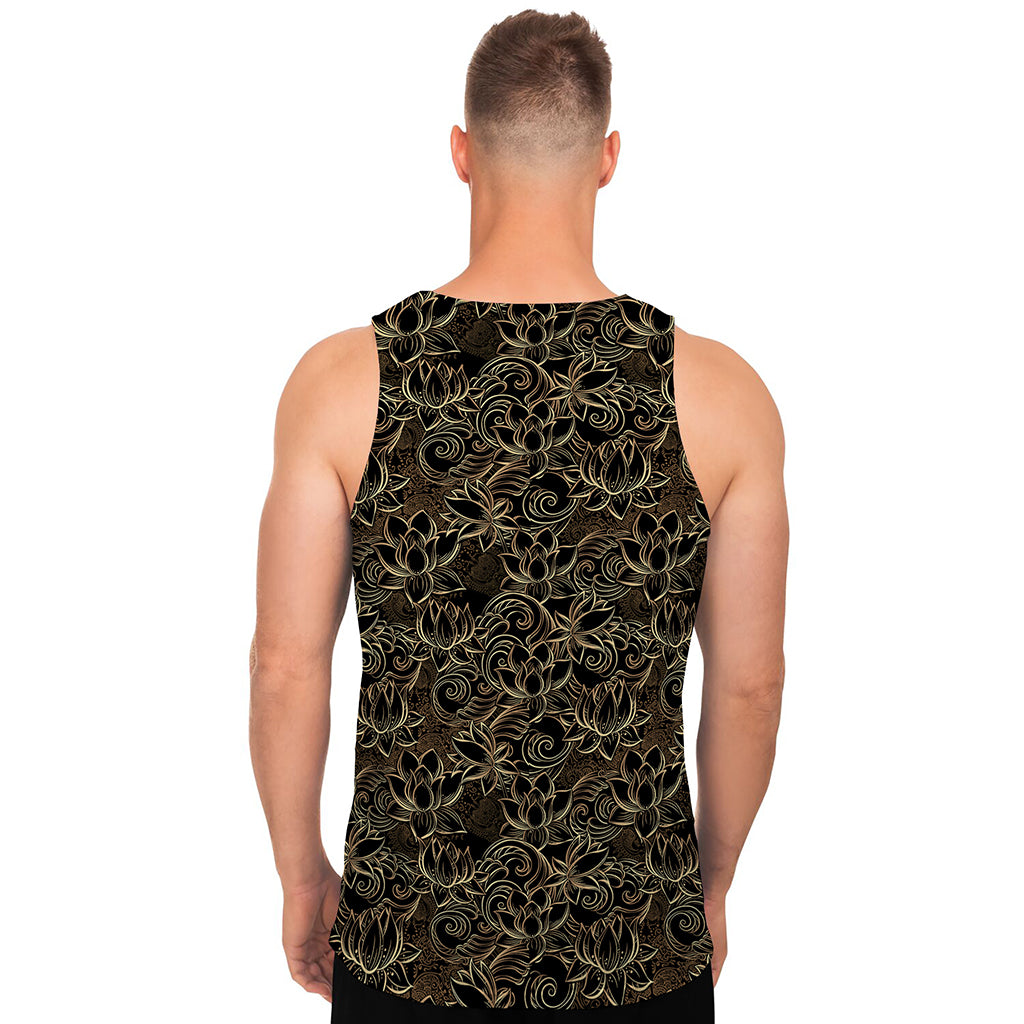 Black And Gold Lotus Pattern Print Men's Tank Top