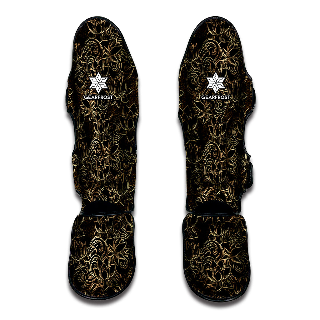 Black And Gold Lotus Pattern Print Muay Thai Shin Guard