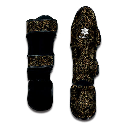 Black And Gold Lotus Pattern Print Muay Thai Shin Guard