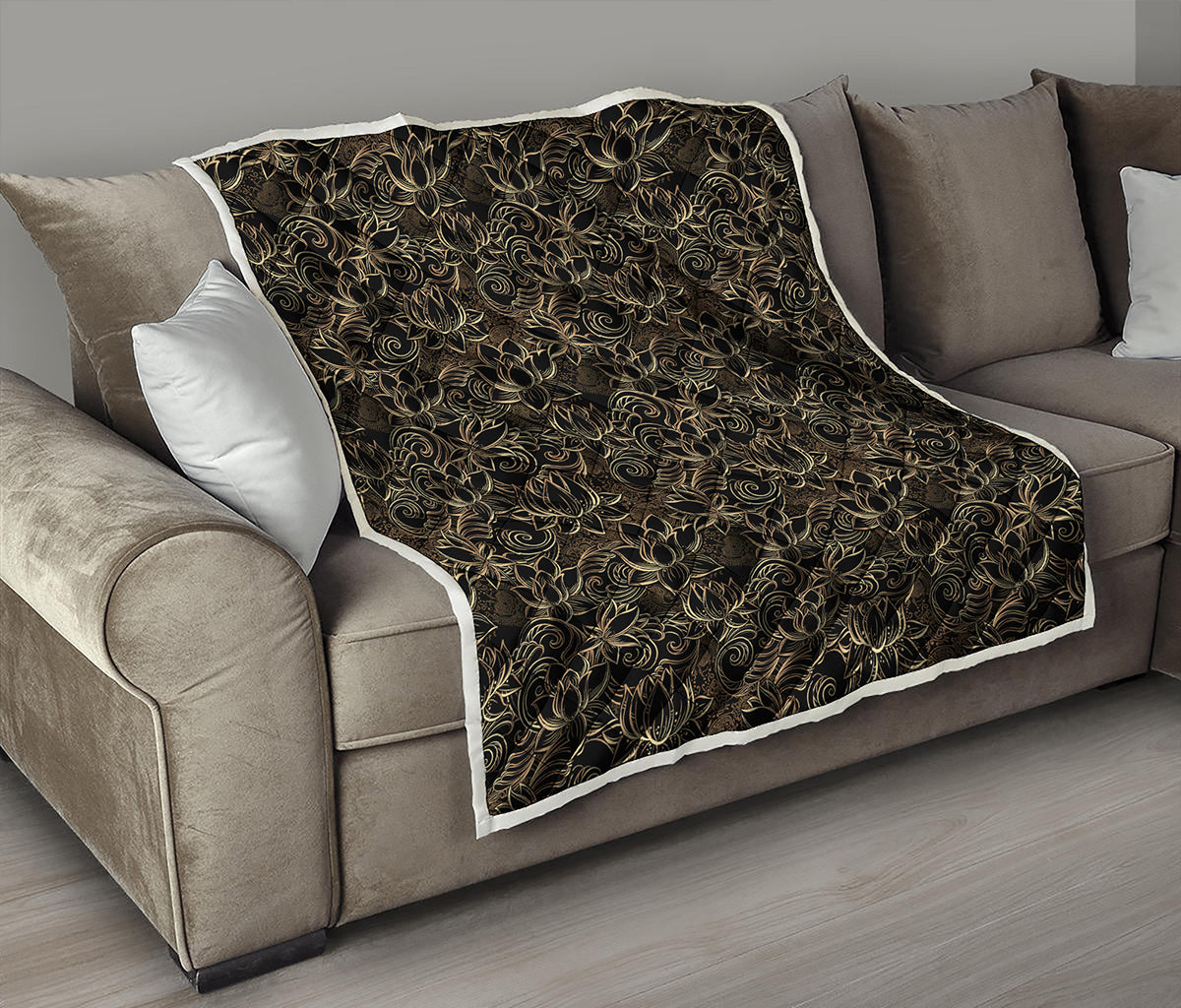 Black And Gold Lotus Pattern Print Quilt