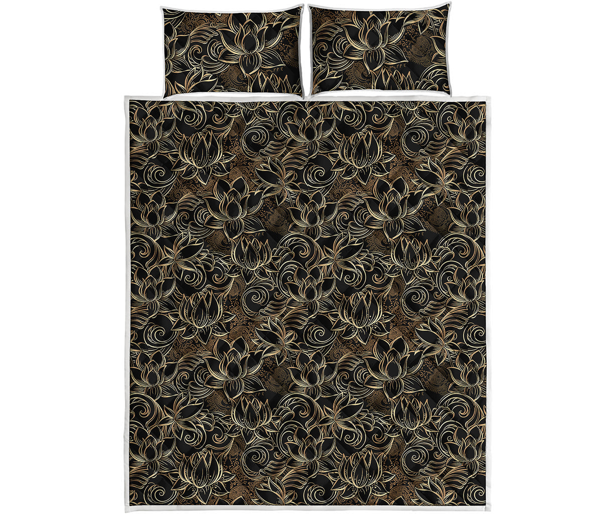 Black And Gold Lotus Pattern Print Quilt Bed Set