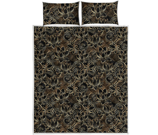 Black And Gold Lotus Pattern Print Quilt Bed Set