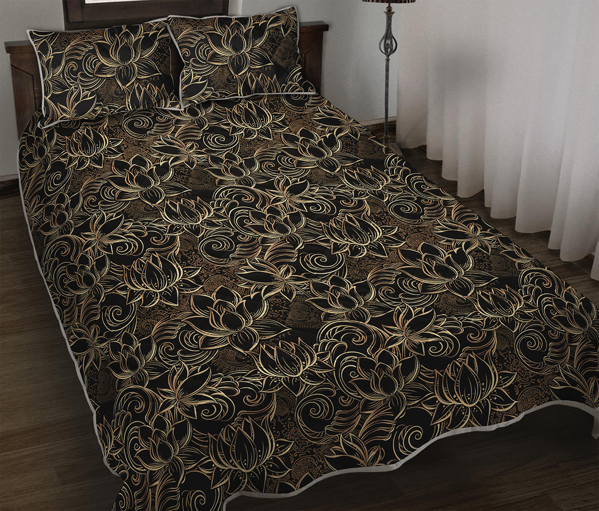 Black And Gold Lotus Pattern Print Quilt Bed Set