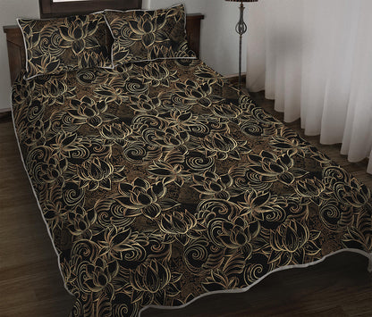 Black And Gold Lotus Pattern Print Quilt Bed Set