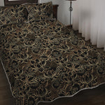 Black And Gold Lotus Pattern Print Quilt Bed Set