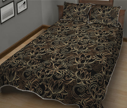 Black And Gold Lotus Pattern Print Quilt Bed Set