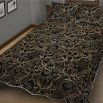 Black And Gold Lotus Pattern Print Quilt Bed Set