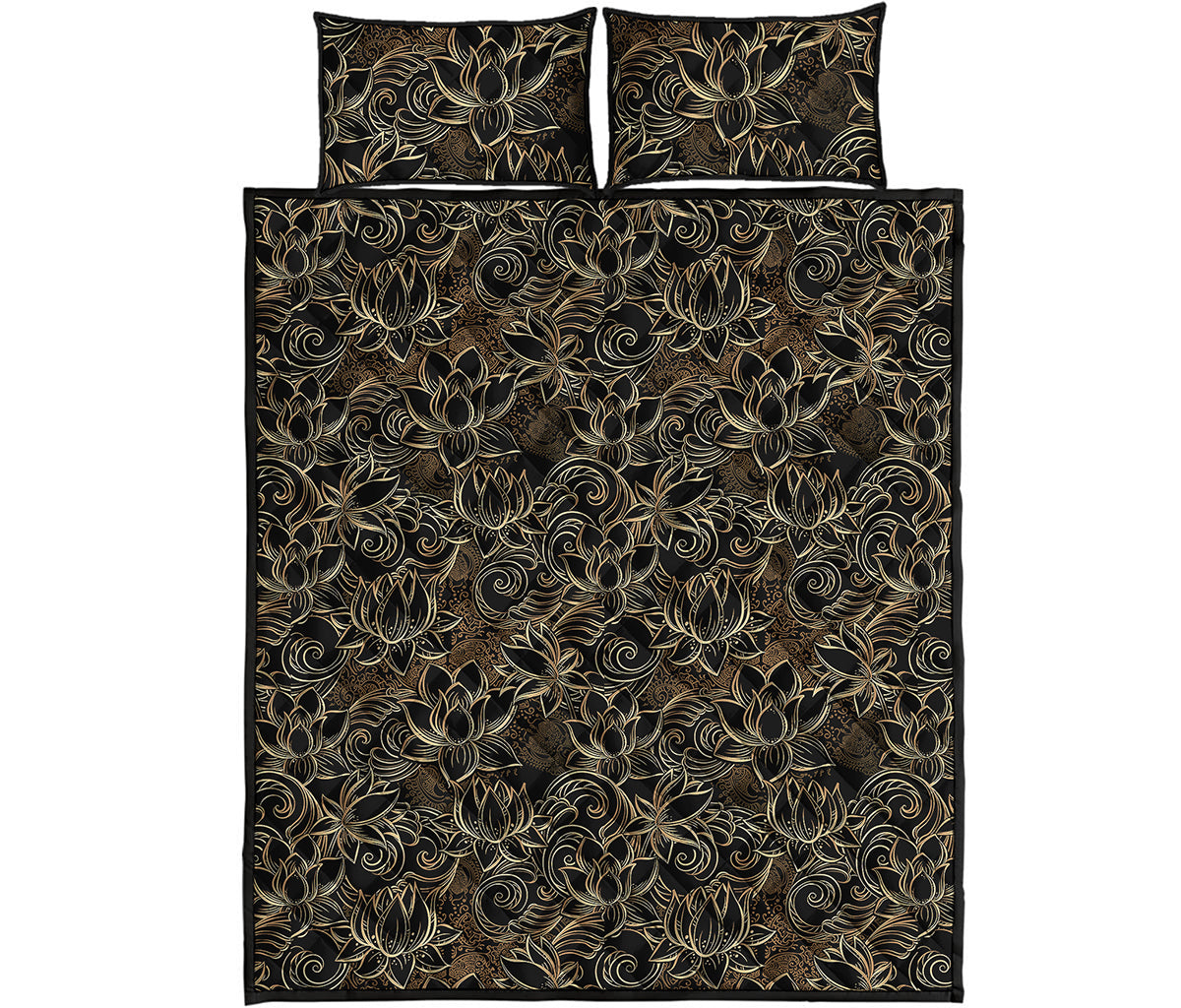 Black And Gold Lotus Pattern Print Quilt Bed Set