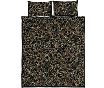 Black And Gold Lotus Pattern Print Quilt Bed Set