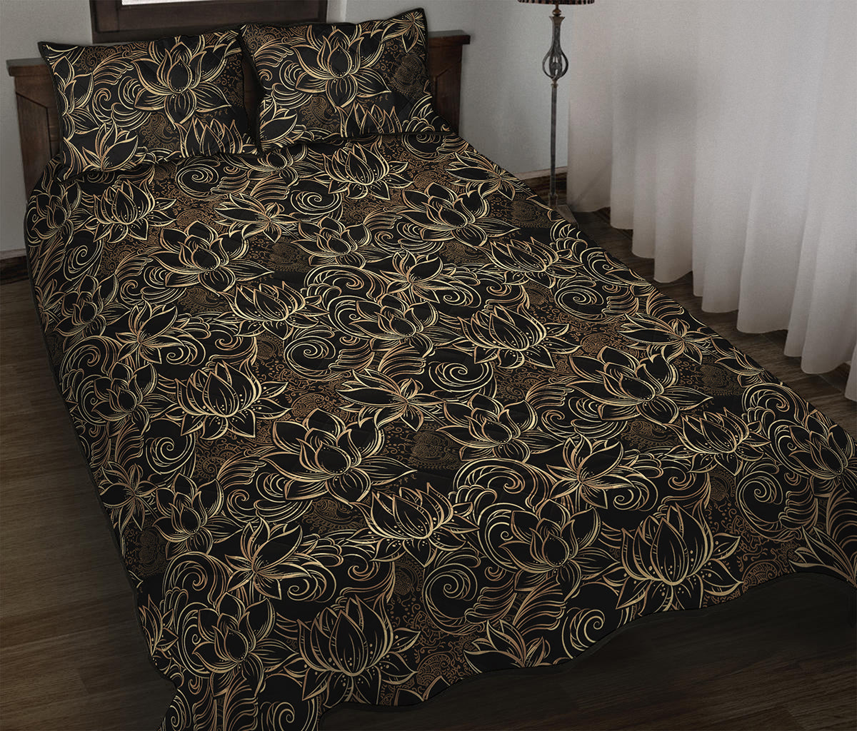 Black And Gold Lotus Pattern Print Quilt Bed Set