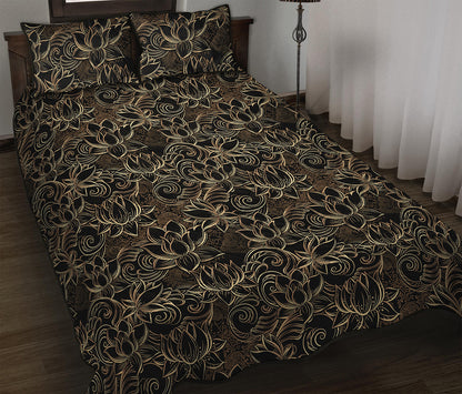 Black And Gold Lotus Pattern Print Quilt Bed Set