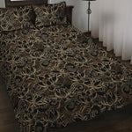 Black And Gold Lotus Pattern Print Quilt Bed Set