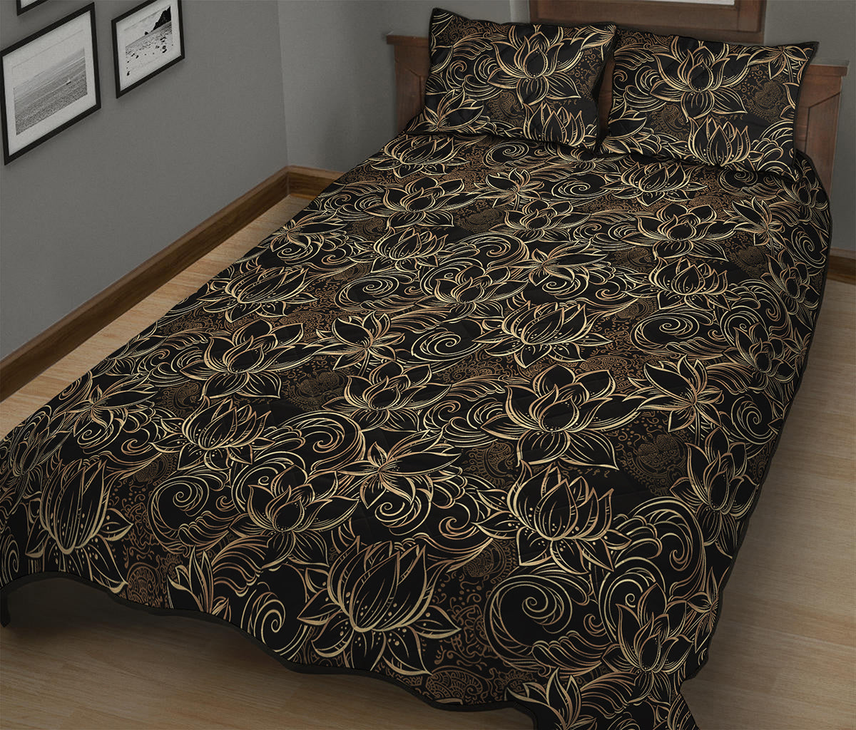 Black And Gold Lotus Pattern Print Quilt Bed Set
