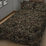 Black And Gold Lotus Pattern Print Quilt Bed Set