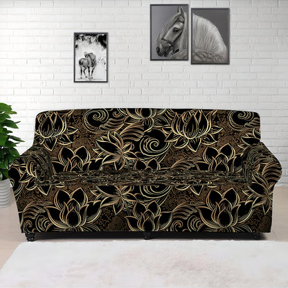 Black And Gold Lotus Pattern Print Sofa Cover