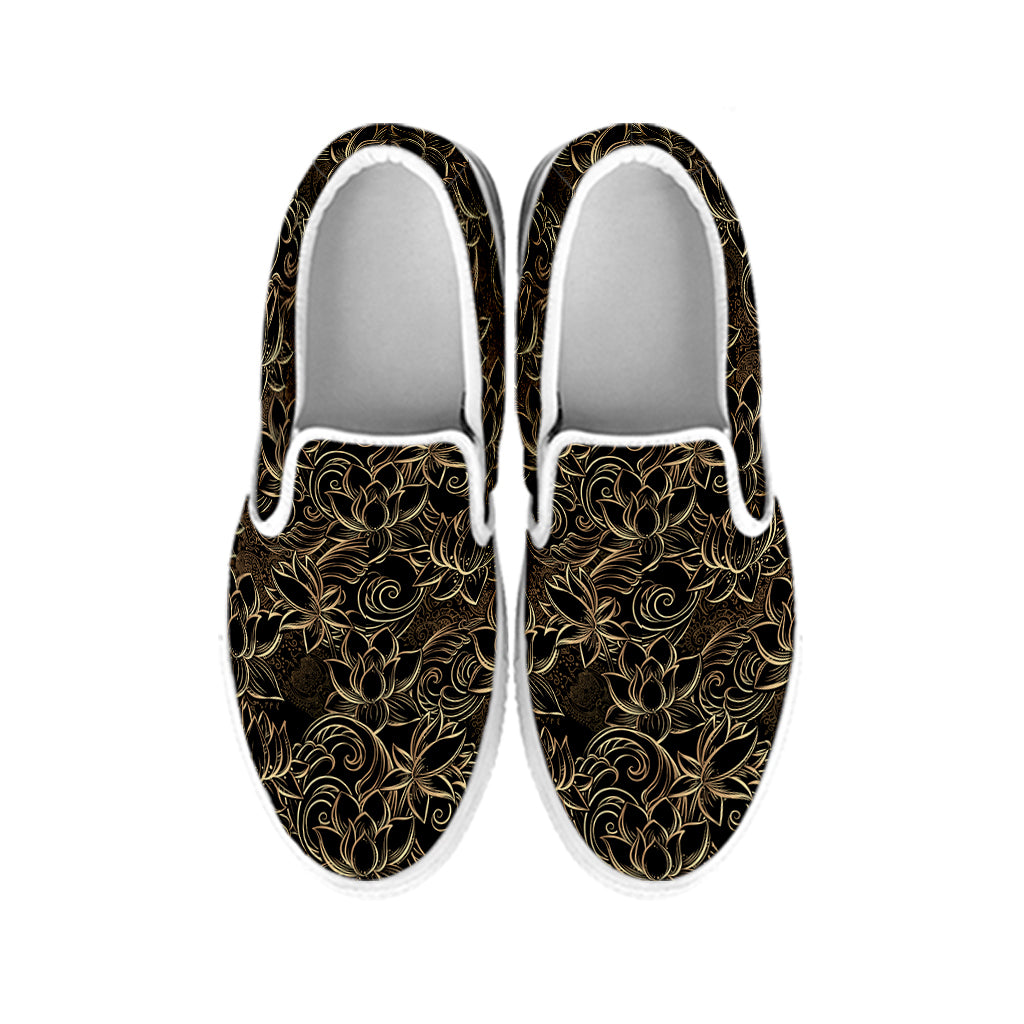 Black And Gold Lotus Pattern Print White Slip On Shoes