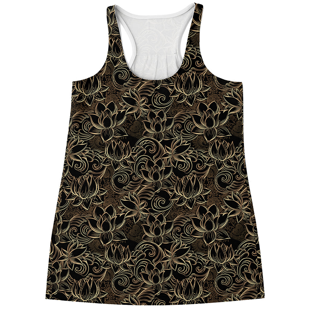 Black And Gold Lotus Pattern Print Women's Racerback Tank Top