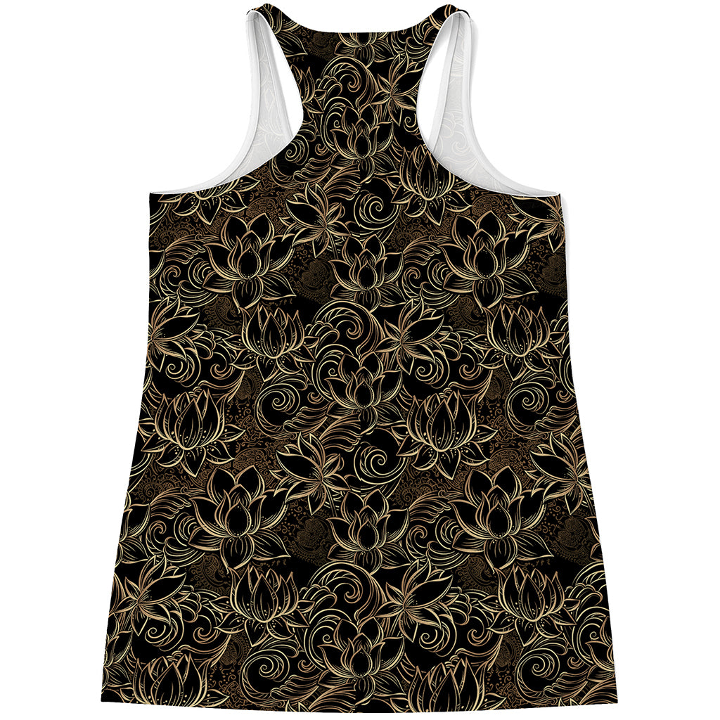 Black And Gold Lotus Pattern Print Women's Racerback Tank Top