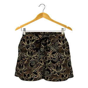 Black And Gold Lotus Pattern Print Women's Shorts